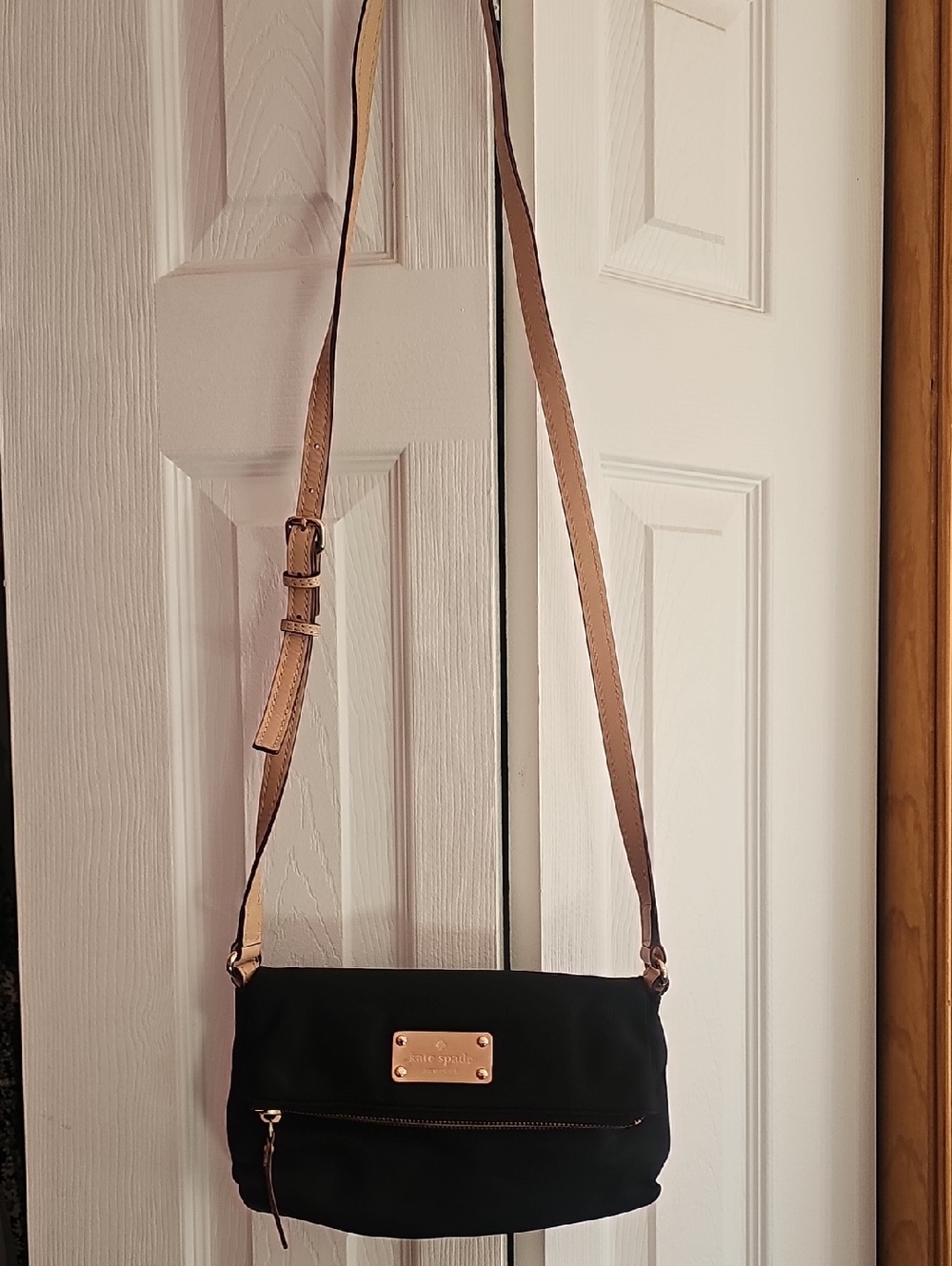kate spade Black Crossbody Bag with Tan Strap and Gold Hardware